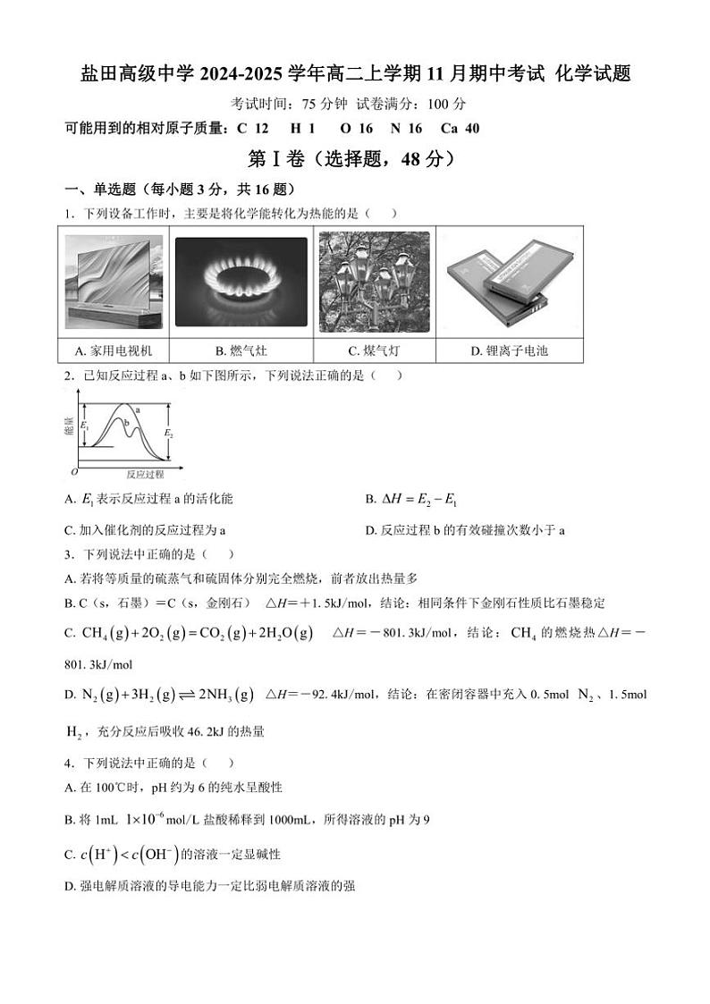 广东省深圳市盐田高级中学2024～2025学年高二(上)期中化学试卷(含答案)第1页