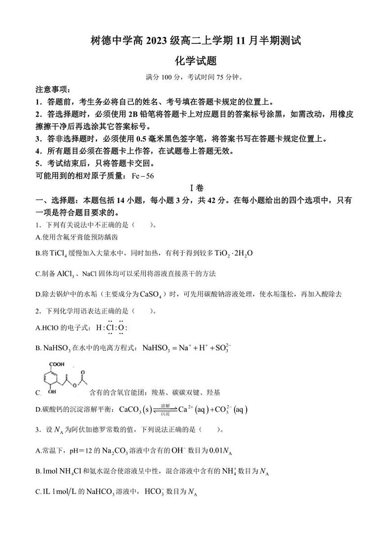 四川省成都市树德中学2024～2025学年高二(上)期中化学试卷(含答案)第1页