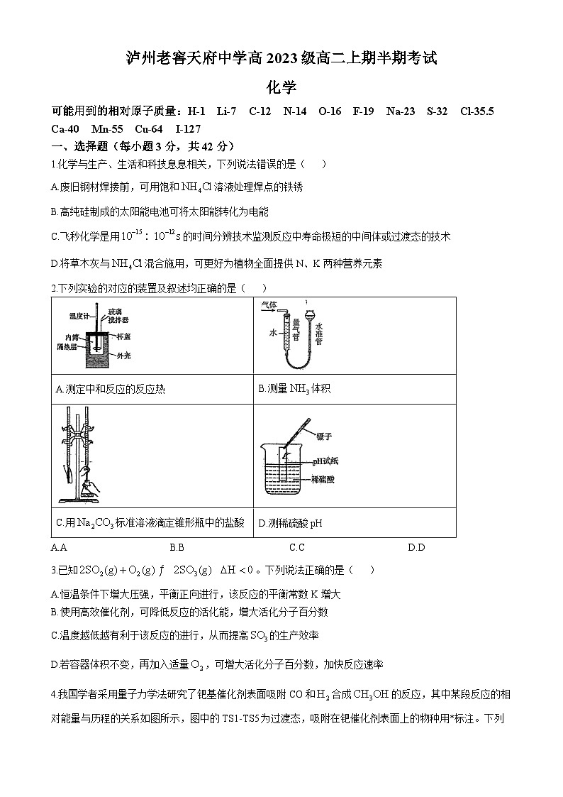 四川省泸州市泸州老窖天府中学2024-2025学年高二上学期半期（期中）考试 化学试题第1页
