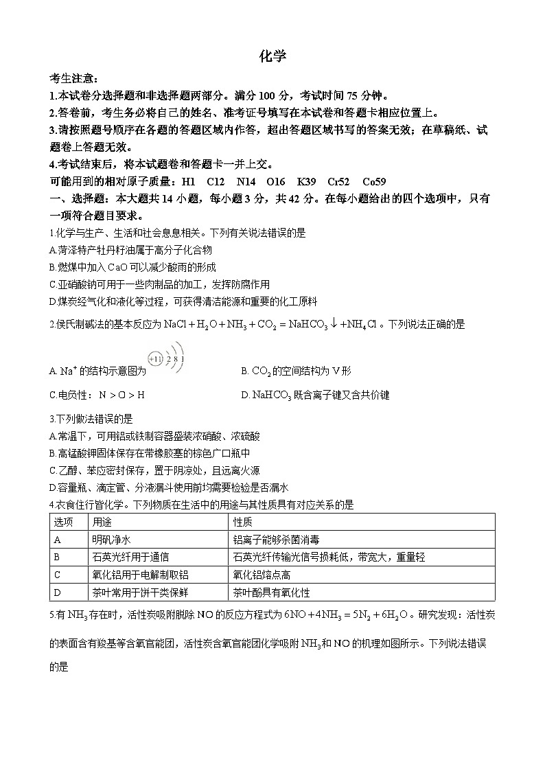 2025沧州三校联考高三上学期11月期中考试化学含解析第1页