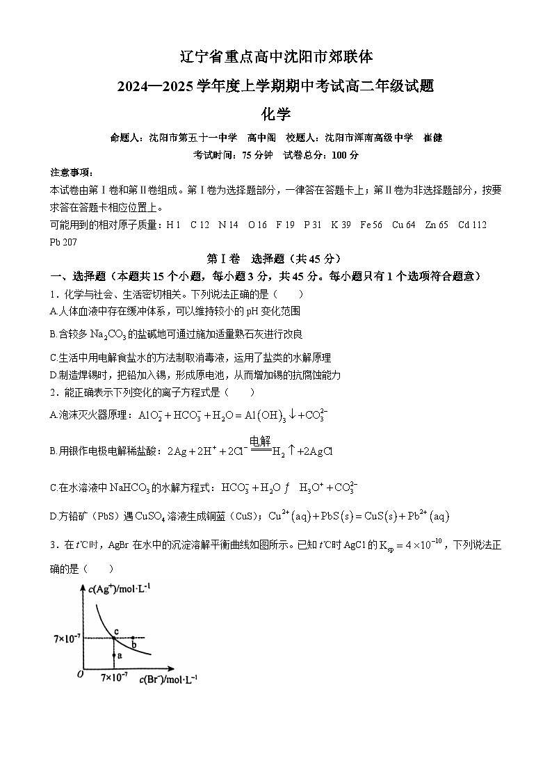 2025重点高中沈阳郊联体高二上学期11月期中考试化学含答案第1页