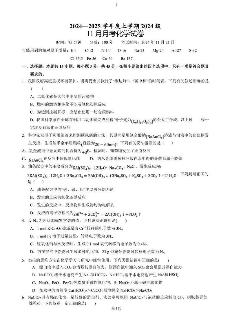 湖北省荆州市沙市中学2024～2025学年高一(上)11月月考化学试卷(含答案)第1页