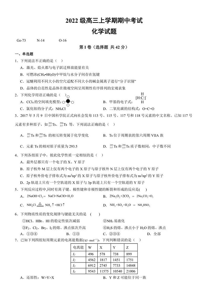 四川省眉山市仁寿第一中学校南校区2024～2025学年高三(上)期中化学试卷(含答案)第1页