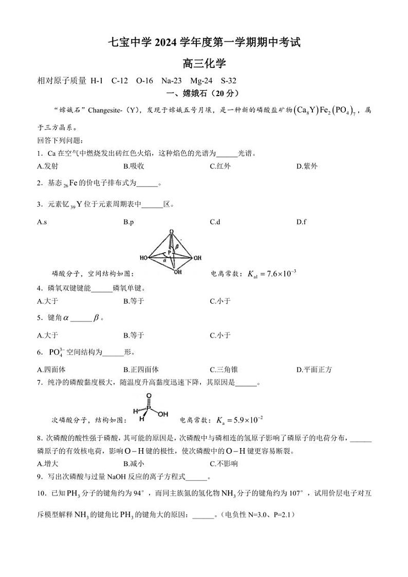 上海市七宝中学2024～2025学年高三(上)期中化学试卷(含答案)第1页