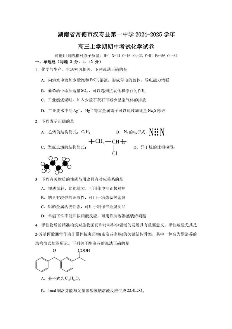 湖南省常德市汉寿县第一中学2024～2025学年高三(上)期中化学试卷(含答案)第1页