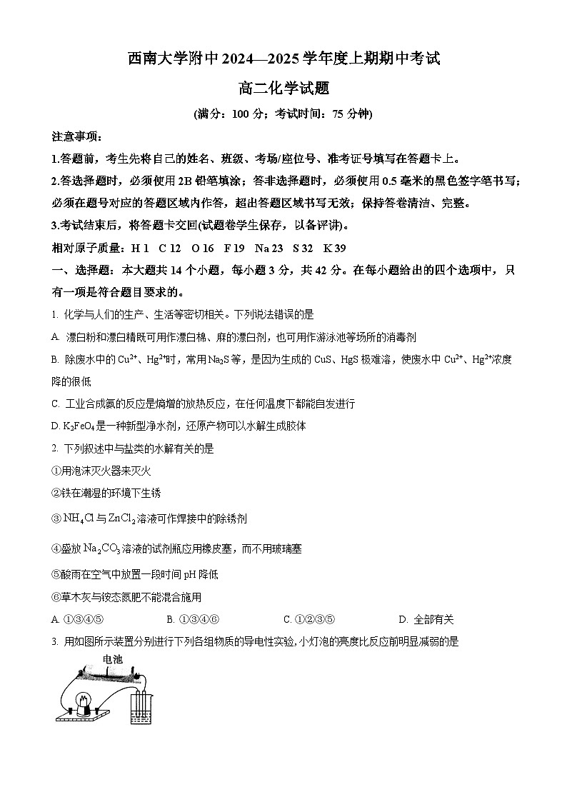 重庆市西南大学附属中学2024-2025学年高二上学期期中考试化学试题（Word版附解析）01