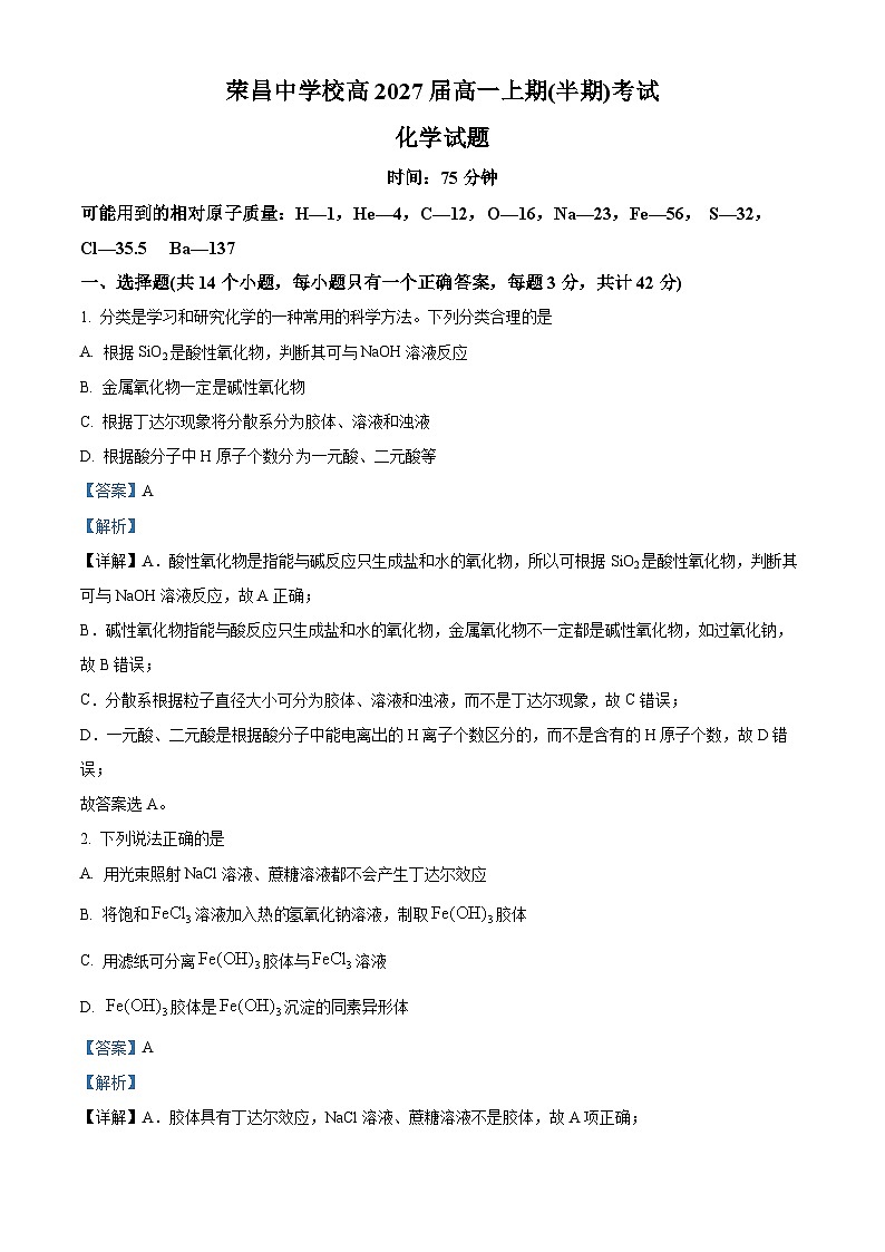 重庆市荣昌中学2024-2025学年高一上学期11月期中考试化学试题（Word版附解析）01