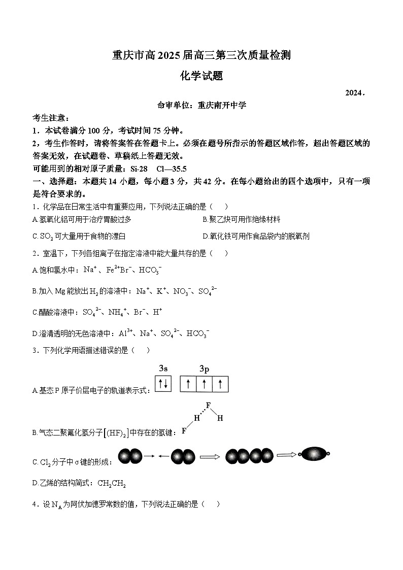 重庆市南开中学2024-2025学年高三上学期11月期中化学试题（Word版附答案）第1页