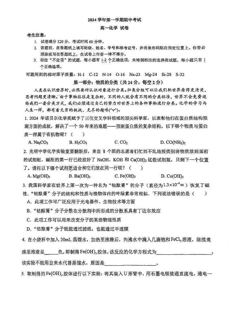 上海市光明中学2024-2025学年高一上学期期中考试+化学+试卷+第1页