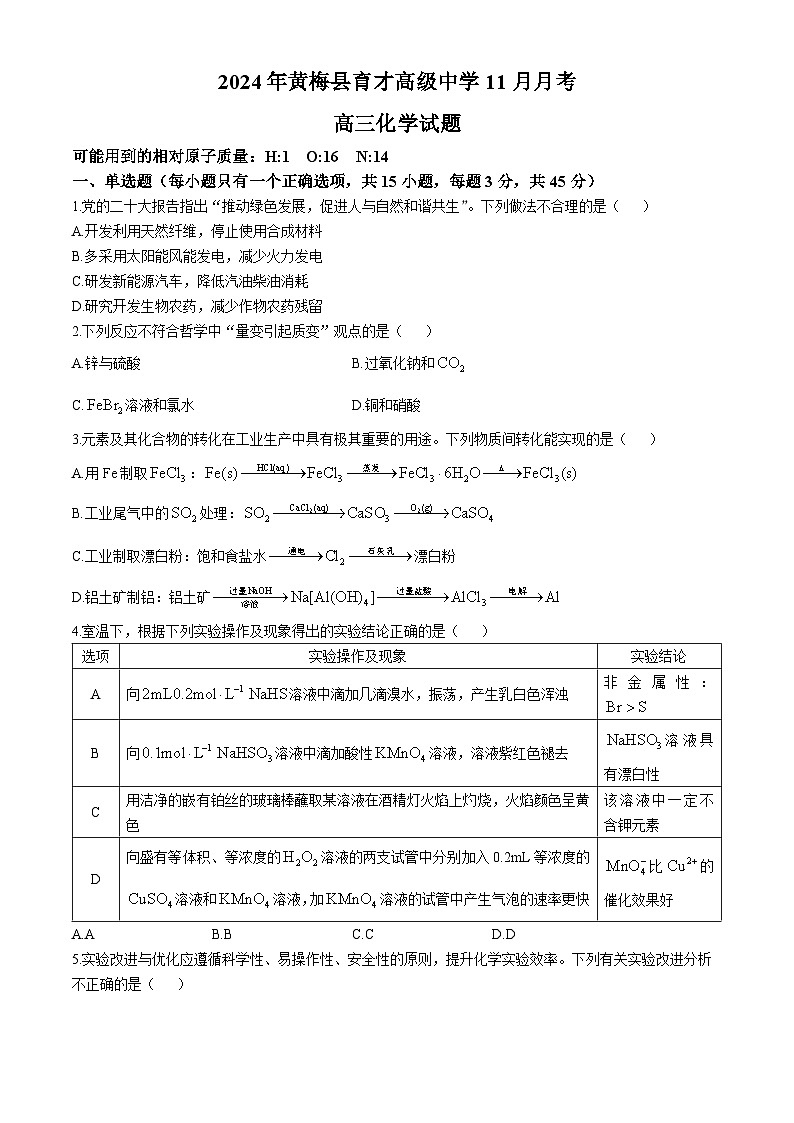 湖北省黄冈市黄梅县育才高级中学2024-2025学年高三上学期11月月考 化学试题(无答案)第1页