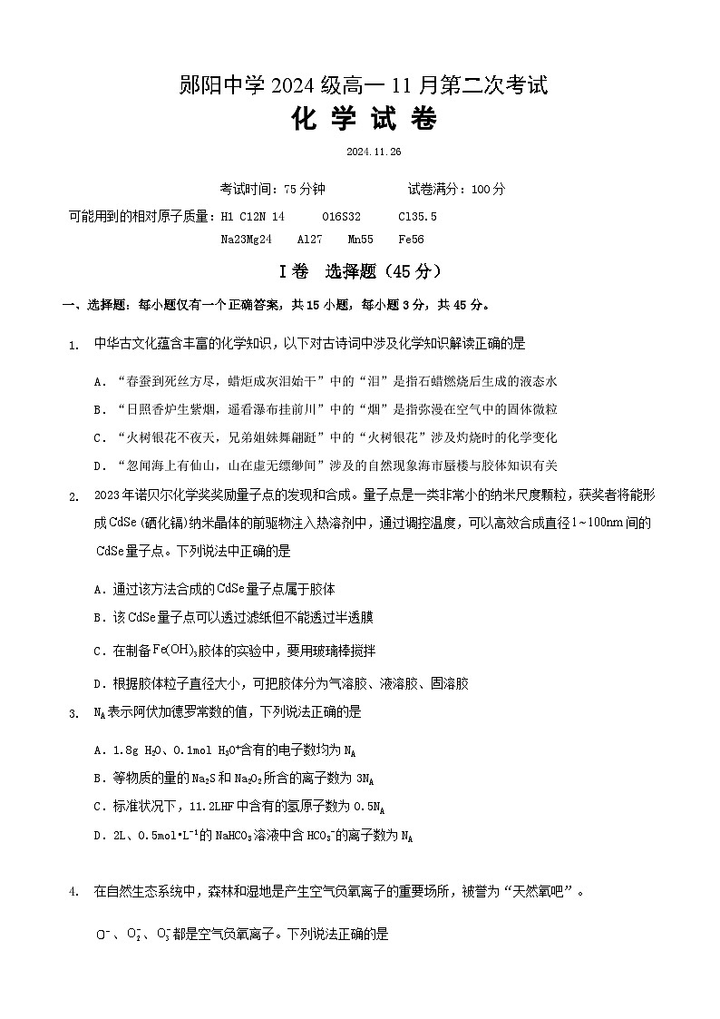 湖北省十堰市郧阳中学2024-2025学年高一上学期11月第二次考试  化学试题第1页