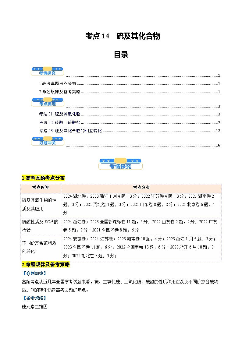 考点14  硫及其化合物（核心考点精讲精练）-2025年高考化学一轮复习讲练专题（新高考通用）（解析版）01