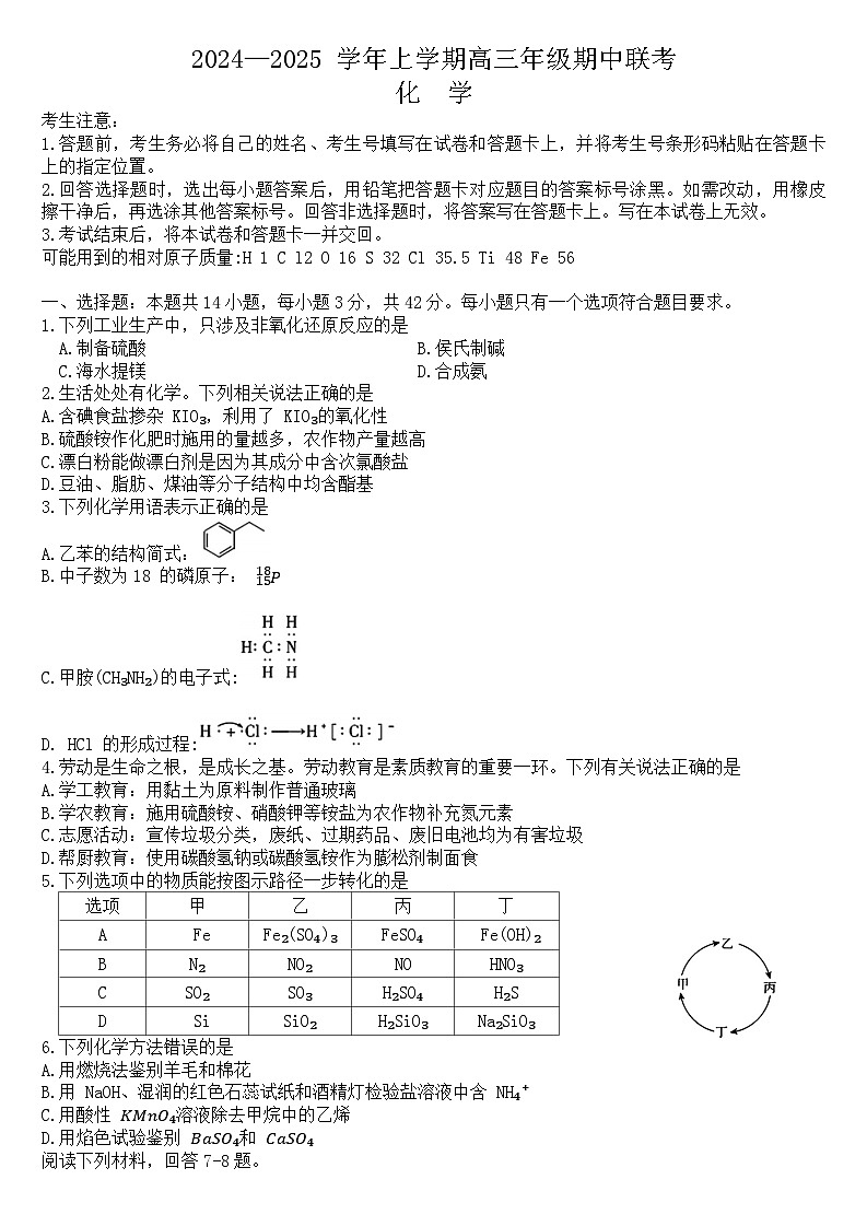 安徽省合肥卓越中学2024-2025学年高三上学期期中考试化学试卷第1页