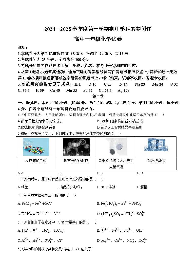广东省茂名市化州市2024-2025学年高一上学期11月期中考试化学试卷（含答案）第1页