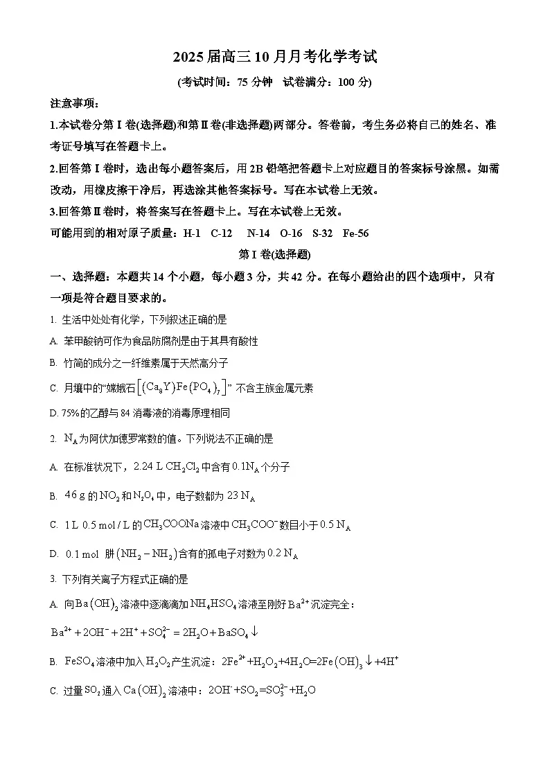 四川省乐山第一中学校2024-2025学年高三上学期10月月考 化学试题 Word版无答案第1页