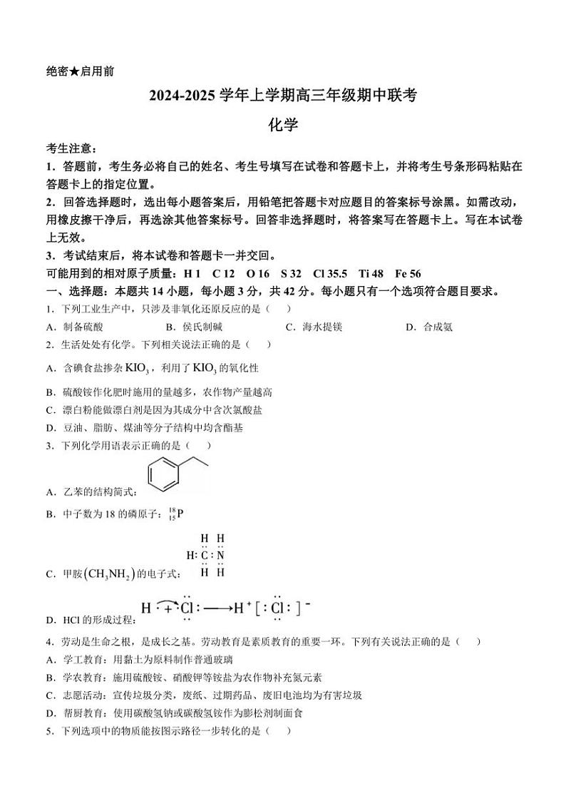 安徽省合肥市卓越中学2024～2025学年高三(上)期中化学试卷(含答案)第1页