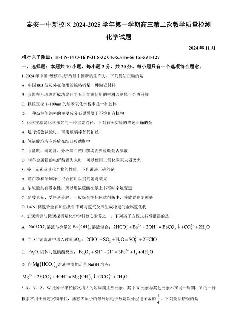山东省泰安第一中学2025届高三(上)11月月考化学试卷(含答案)第1页