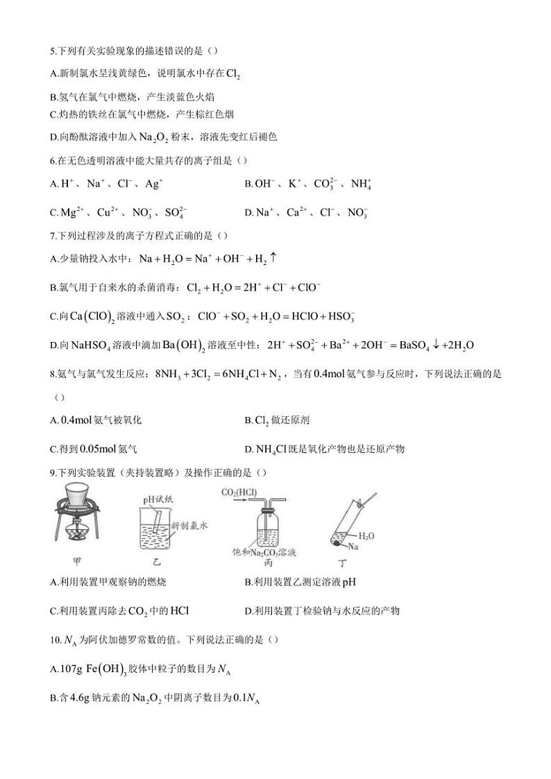 山东省昌邑市2024～2025学年高一(上)期中化学试卷(含答案)第2页
