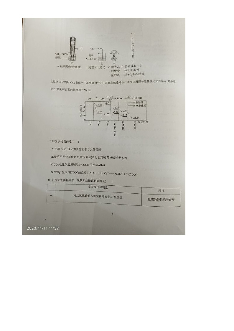 云南省曲靖市2023_2024学年高二化学上学期期中试题扫描版无答案第3页