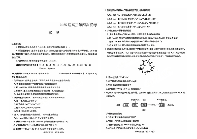 湖南省部分学校2024-2025学年高三上学期第四次联考 化学试题第1页