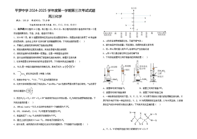 宁夏回族自治区石嘴山市平罗中学2024-2025学年高三上学期11月月考 化学试题第1页
