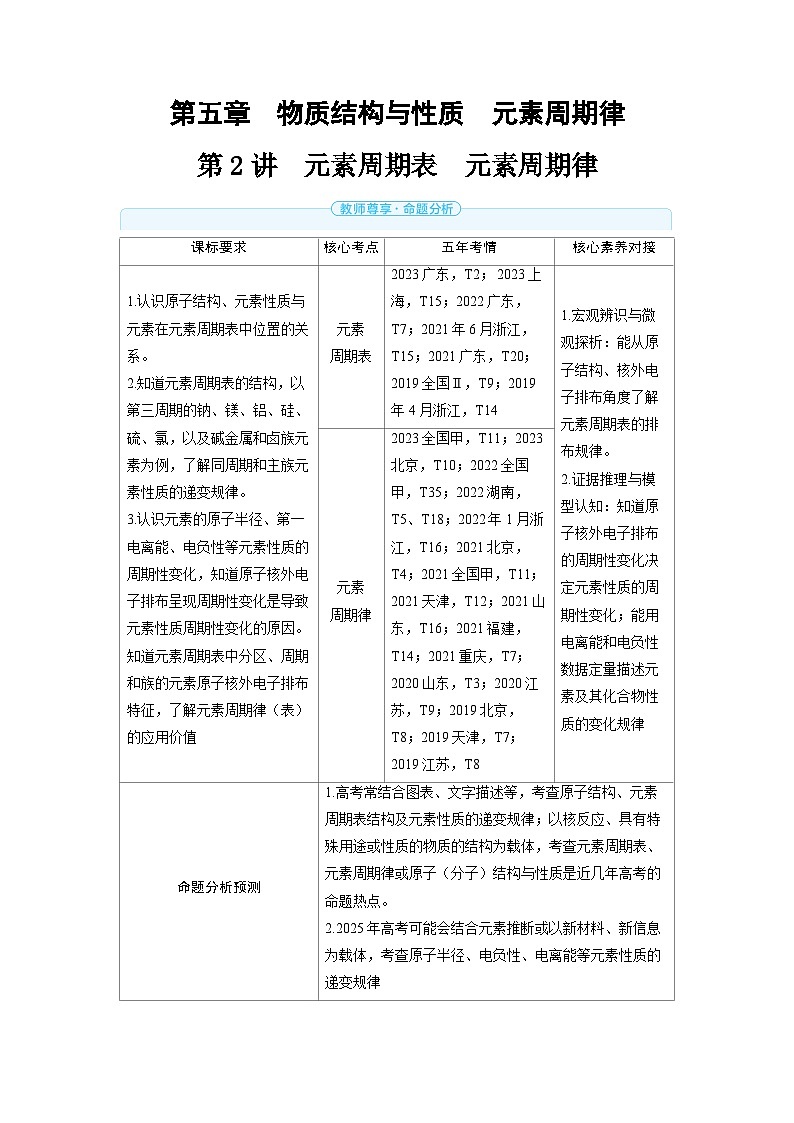 备战2025年高考化学精品教案第五章物质结构与性质元素周期律第2讲元素周期表元素周期律（Word版附解析）第1页