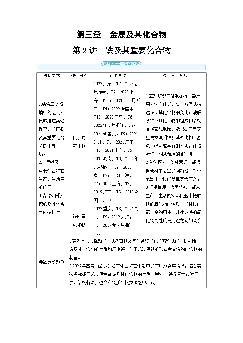 备战2025年高考化学精品教案第三章金属及其化合物第2讲铁及其重要化合物（Word版附解析）第1页