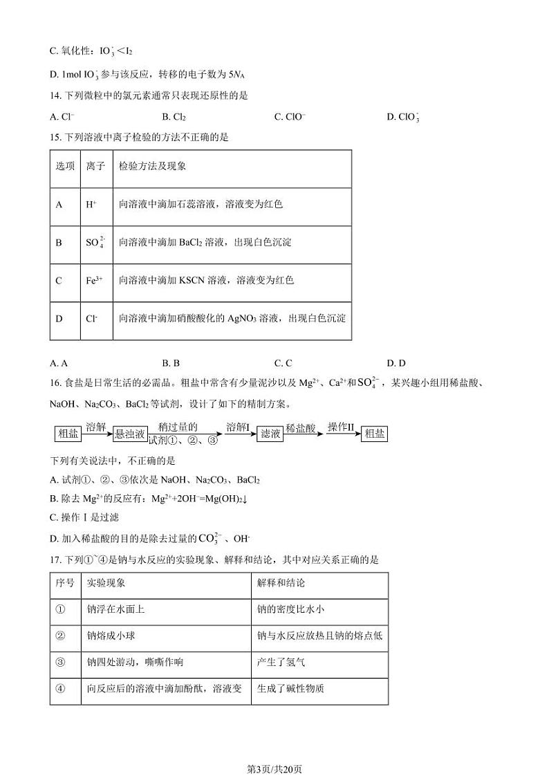2022北京北师大实验中学高一（上）期末化学试卷（教师版）第3页