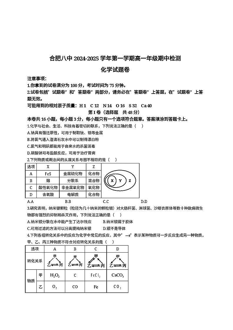 安徽省合肥八中2024-2025学年第一学期高一年级期中检测化学试题（含答案）第1页
