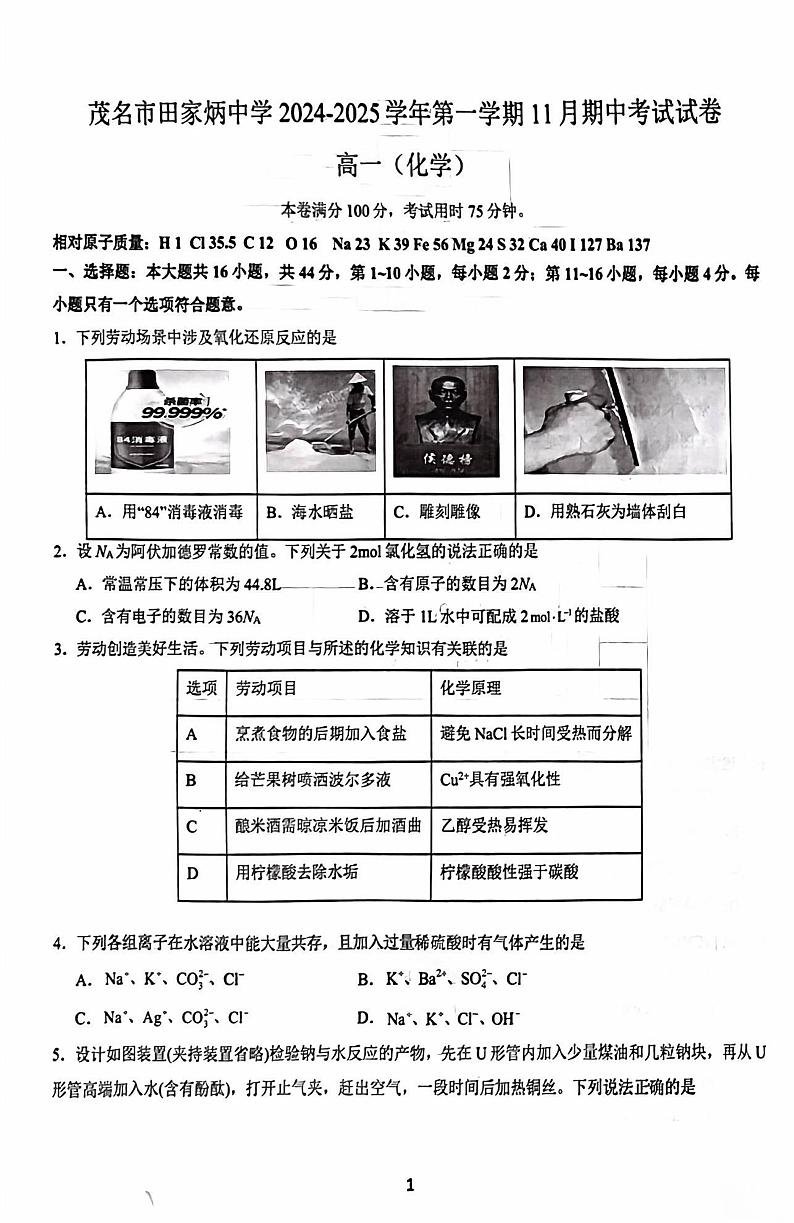 茂名市田家炳中学2024-2025学年度第一学期期中考试高一化学试题第1页