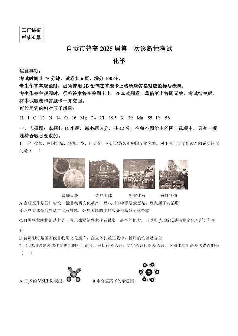 2024～2025学年四川省自贡市高三(上)第一次诊断性考试化学试卷(含答案)第1页