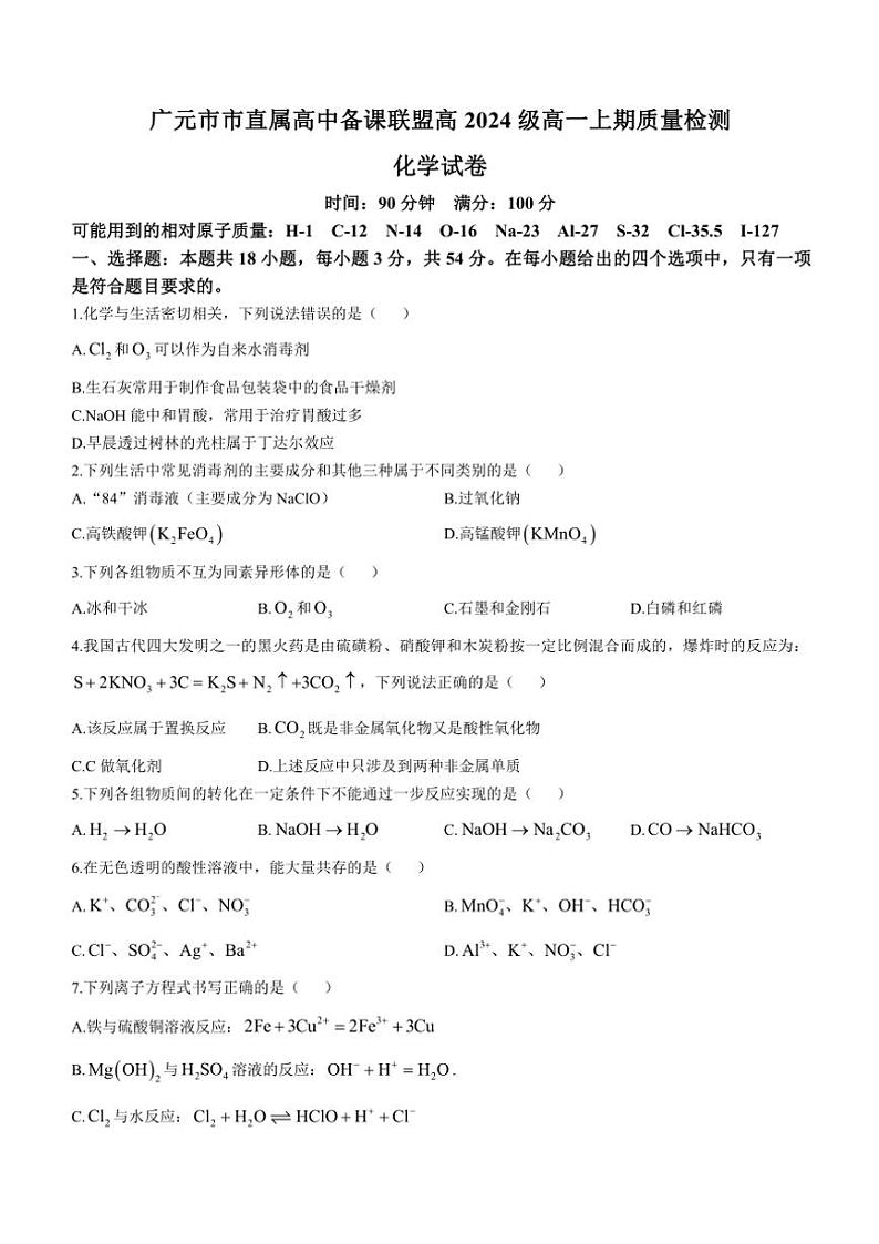 2024～2025学年四川省广元市直属学校高一(上)期中化学试卷(含答案)第1页