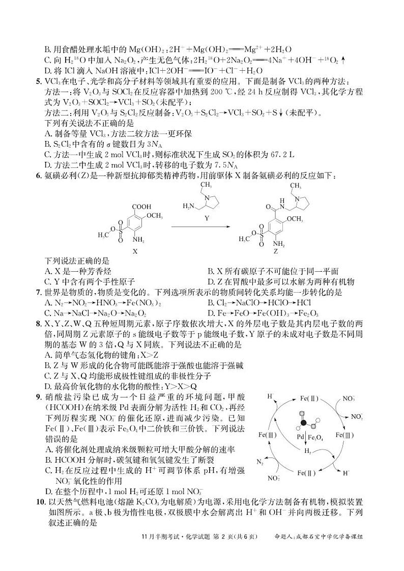 四川省成都市石室中学2024-2025学年高三上学期期中考试化学试卷（PDF版附解析）第2页