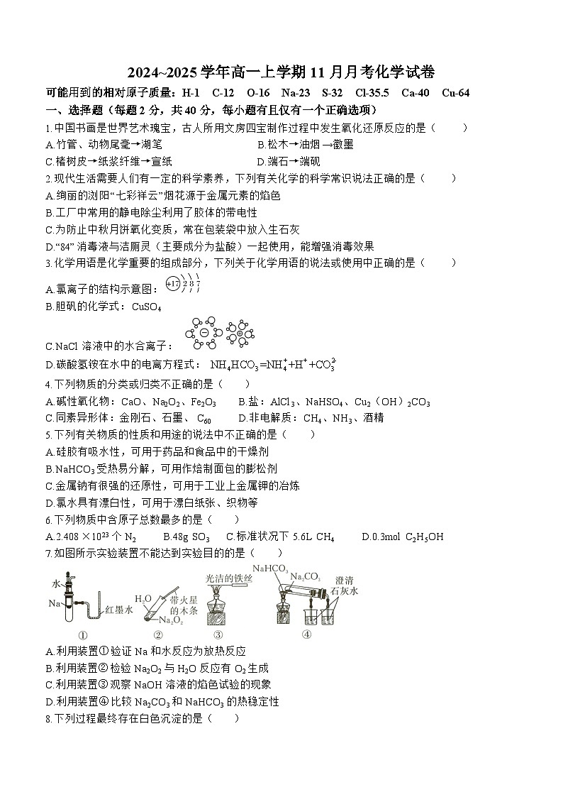 辽宁省凌源市实验中学2024-2025学年高一上学期11月月考 化学试卷第1页