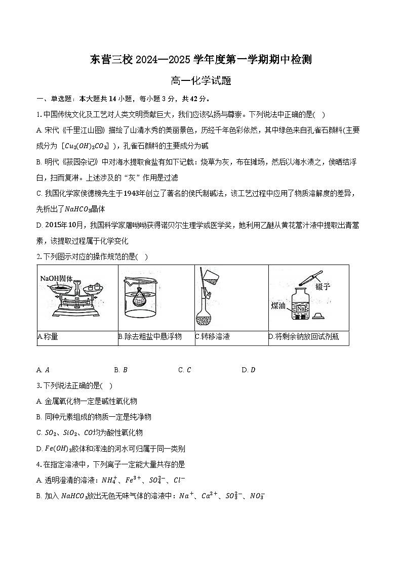 山东省东营市三校2024-2025学年高一上学期期中考试 化学试卷第1页