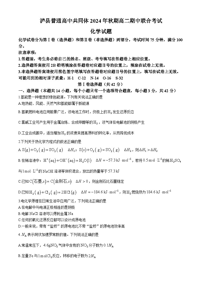 四川省泸州市泸县普通高中共同体2024-2025学年高二上学期11月期中考试 化学 Word版含答案第1页