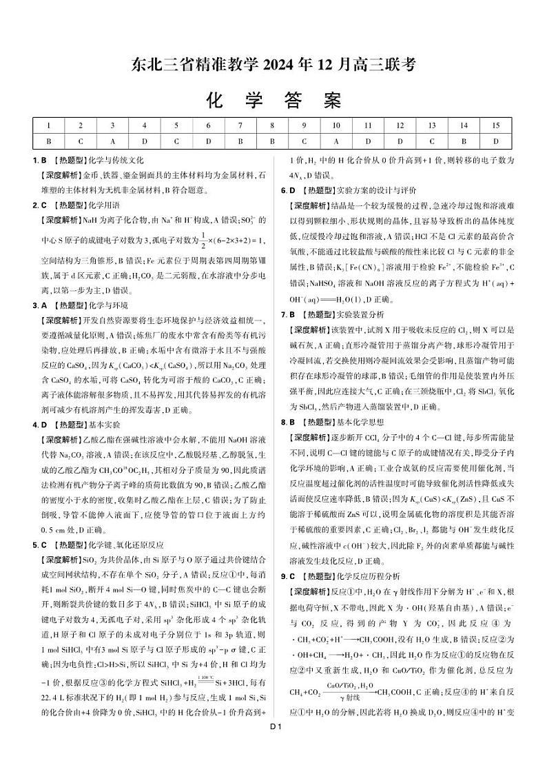 2024东北三省精准教学2024年12月高三联考 化学 答案第1页