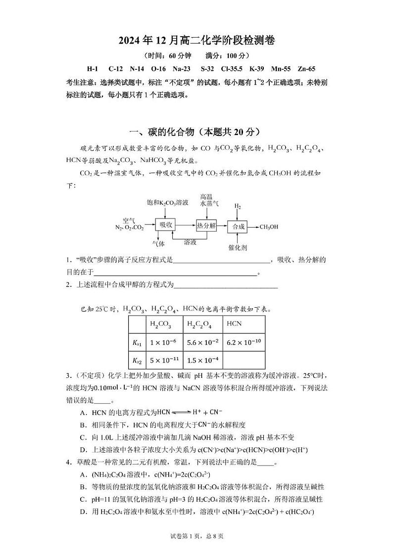 上海市华东师范大学第二附属中学2024-2025学年高二上学期12月阶段检测 化学试卷第1页