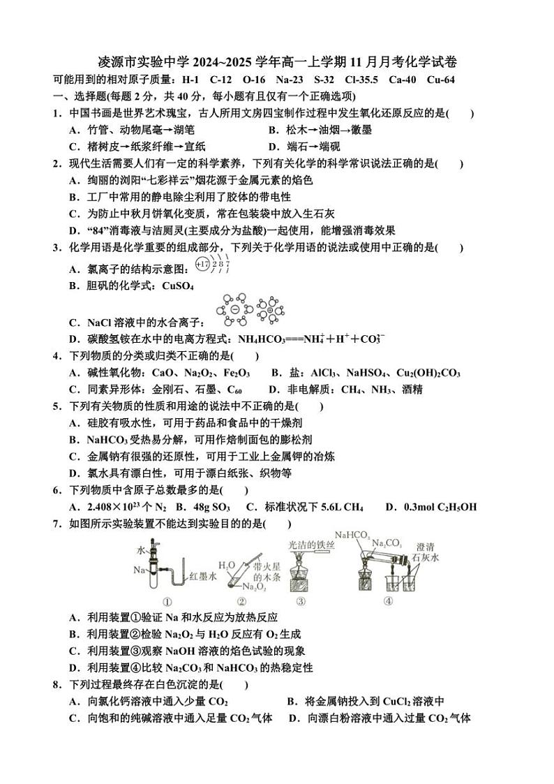 辽宁省凌源市实验中学2024～2025学年高一(上)11月月考化学试卷(含答案)第1页