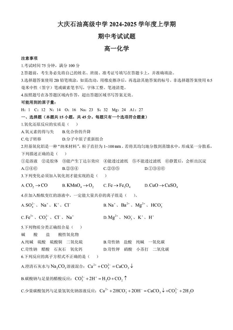 黑龙江省大庆石油高级中学2024～2025学年高一(上)期中化学试卷(含答案)第1页