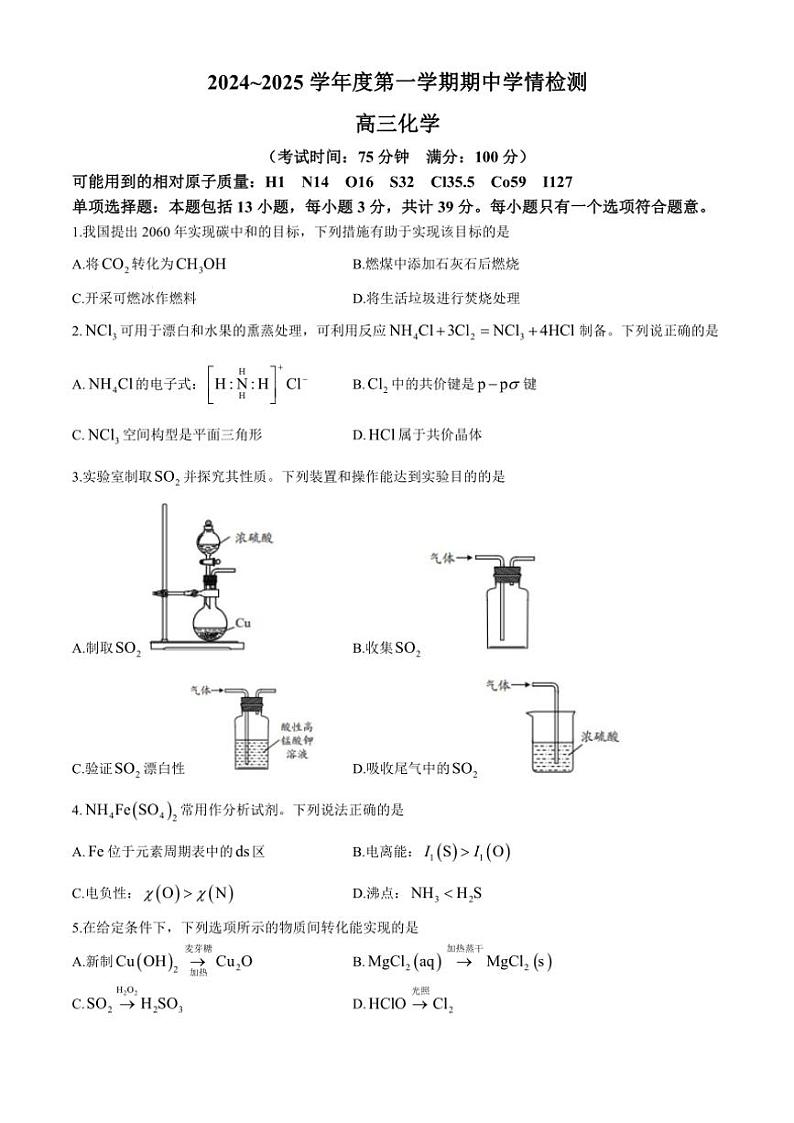 江苏省南通市如东县2024～2025学年高三(上)期中化学试卷(含答案)第1页