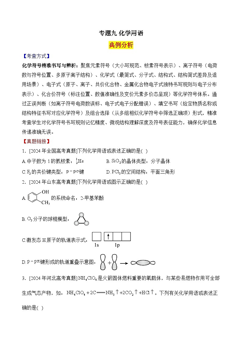 2025届高三化学二轮复习：专题九 化学用语  教案第1页