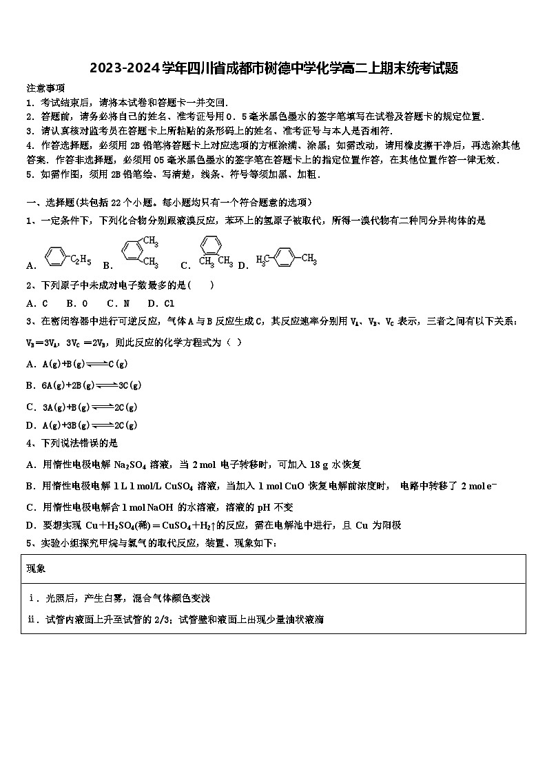 四川省成都市树德中学2023-2024学年高二上学期期末统考 化学试题第1页