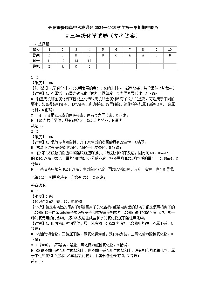 安徽省合肥市普通高中六校联盟2024-2025学年高三上学期期中联考化学答案第1页