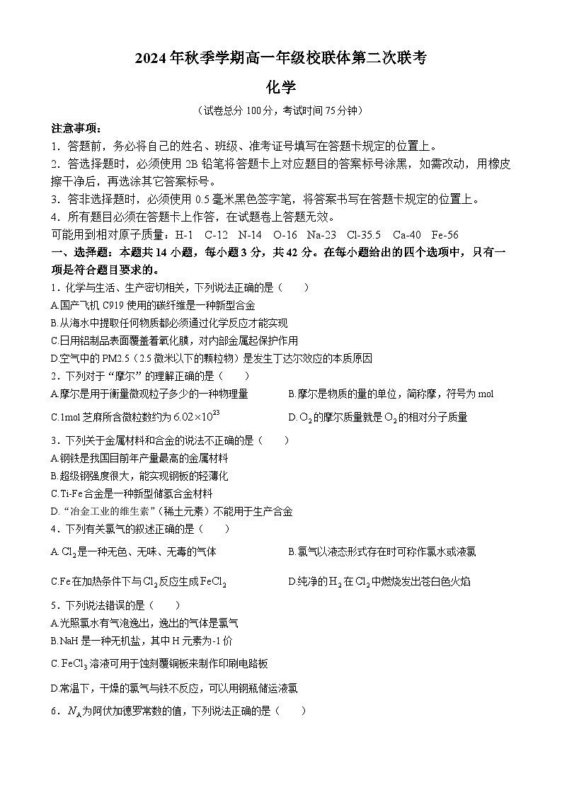 广西壮族自治区河池市十校协作体2024-2025学年高一上学期12月月考化学试题第1页
