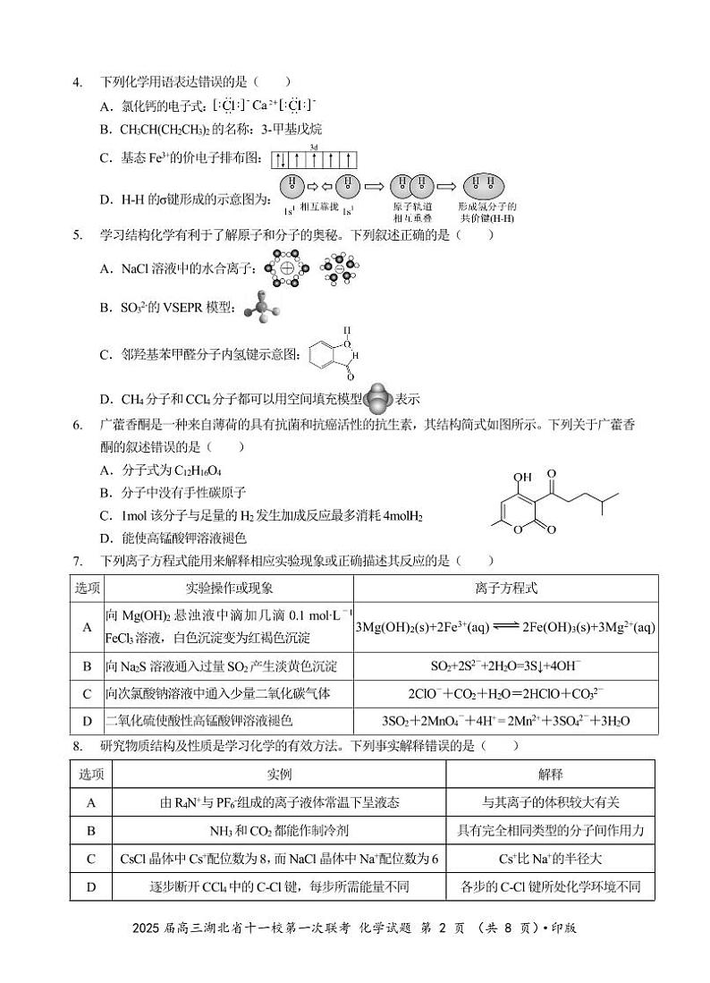 2025届高三湖北省十一校第一次联考化学试题第2页