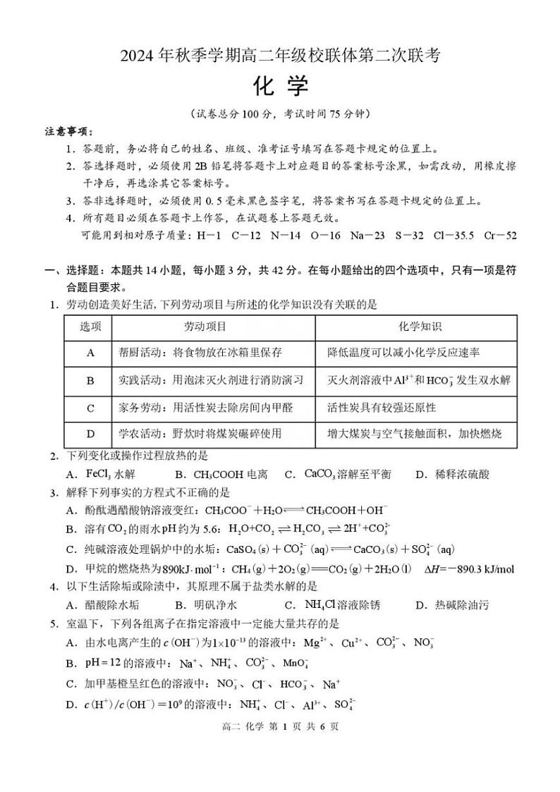 2024～2025学年广西壮族自治区河池市高一(上)12月联盟考试化学试卷(含答案)第1页