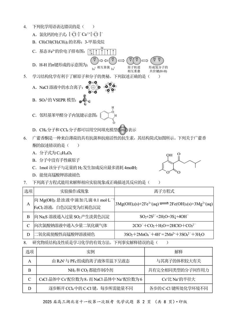 2024～2025学年湖北省十一校高三(上)第一次联考化学试卷(含答案)第2页