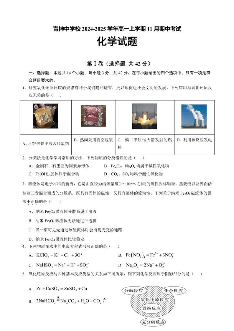 2024～2025学年四川省眉山市青神县青神中学校高一(上)期中化学试卷(含答案)第1页
