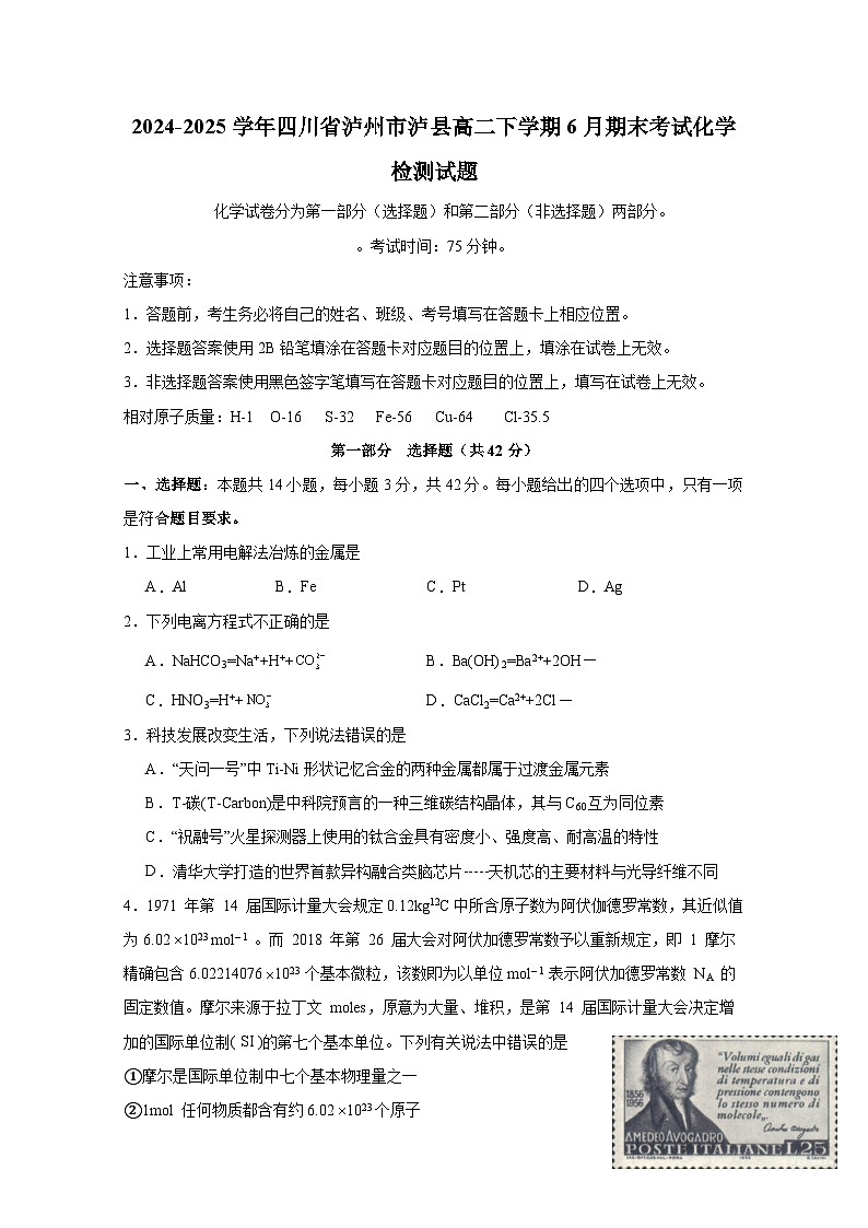 2024-2025学年四川省泸州市泸县高二下学期6月期末考试化学检测试题（含解析）第1页